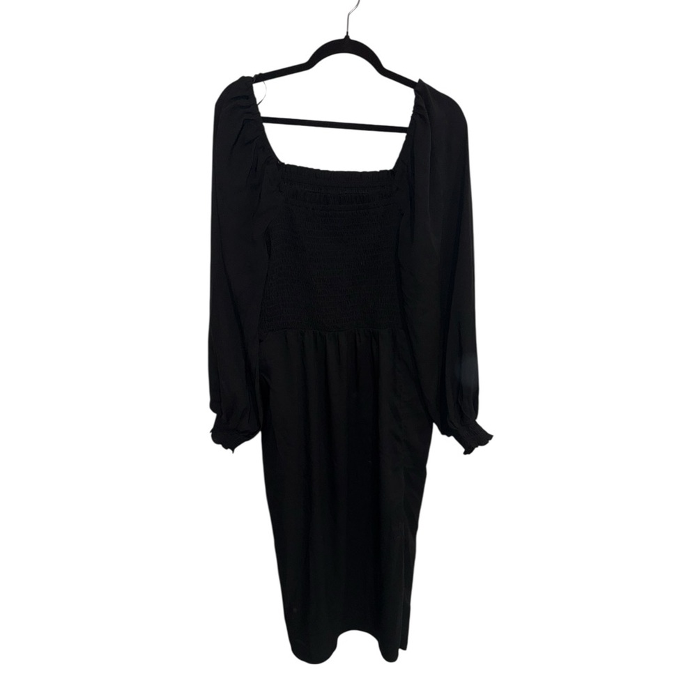 Black Smocked Midi Dress XL Long Sleeve Square Neck Casual Dress - Picture 5 of 8